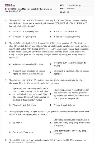 Đề ôn thi Viên chức Mầm non phần Kiến thức chung (có đáp án) - Đề số 42