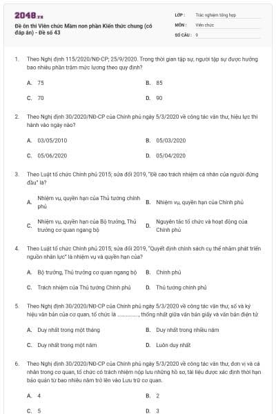 Đề ôn thi Viên chức Mầm non phần Kiến thức chung (có đáp án) - Đề số 43