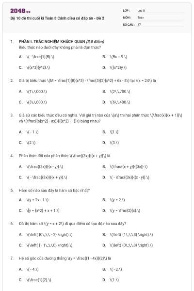 Bộ 10 đề thi cuối kì Toán 8 Cánh diều có đáp án - Đề 2