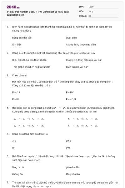 14 câu trắc nghiệm Vật Lí 11 về Công suất và Hiệu suất của nguồn điện