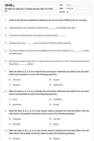 Đề kiểm tra Tiếng Anh 12 Global Success Unit 10 có đáp án