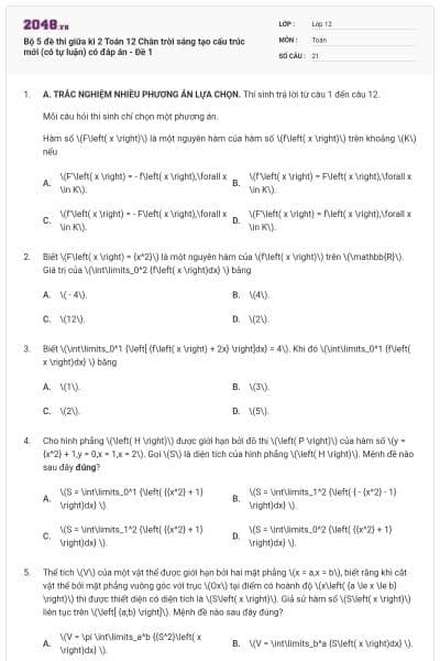 Bộ 5 đề thi giữa kì 2 Toán 12 Chân trời sáng tạo cấu trúc mới (có tự luận) có đáp án - Đề 1