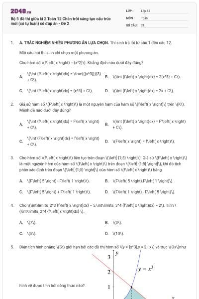 Bộ 5 đề thi giữa kì 2 Toán 12 Chân trời sáng tạo cấu trúc mới (có tự luận) có đáp án - Đề 2