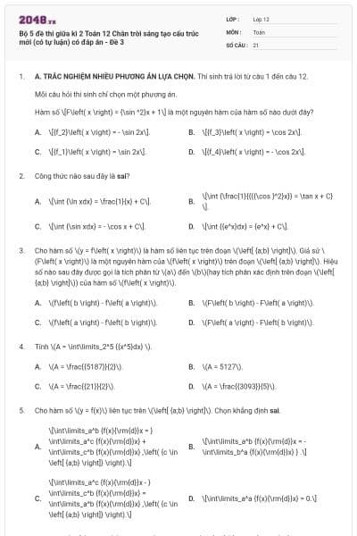 Bộ 5 đề thi giữa kì 2 Toán 12 Chân trời sáng tạo cấu trúc mới (có tự luận) có đáp án - Đề 3