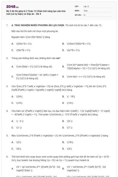 Bộ 5 đề thi giữa kì 2 Toán 12 Chân trời sáng tạo cấu trúc mới (có tự luận) có đáp án - Đề 4