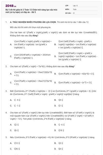 Bộ 5 đề thi giữa kì 2 Toán 12 Chân trời sáng tạo cấu trúc mới (có tự luận) có đáp án - Đề 5