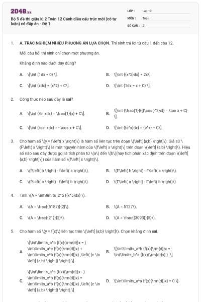 Bộ 5 đề thi giữa kì 2 Toán 12 Cánh diều cấu trúc mới (có tự luận) có đáp án - Đề 1