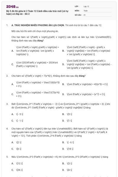 Bộ 5 đề thi giữa kì 2 Toán 12 Cánh diều cấu trúc mới (có tự luận) có đáp án - Đề 2
