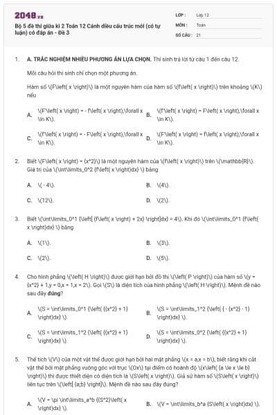 Bộ 5 đề thi giữa kì 2 Toán 12 Cánh diều cấu trúc mới (có tự luận) có đáp án - Đề 3