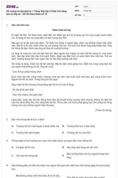 Đề cương ôn tập giữa kì 1 Tiếng Việt lớp 5 Chân trời sáng tạo có đáp án - Đề thi tham khảo số 10