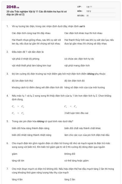 20 câu  Trắc nghiệm Vật lý 11 Các đề kiểm tra học kì có đáp án (đề số 2)