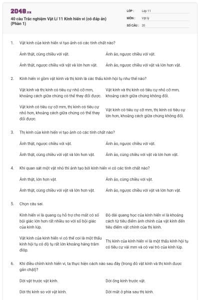 40 câu Trắc nghiệm Vật Lí 11 Kính hiển vi (có đáp án) (Phần 1)