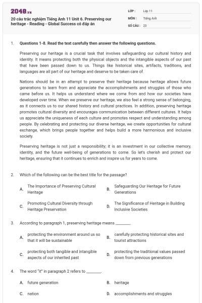 20 câu trắc nghiệm Tiếng Anh 11 Unit 6. Preserving our heritage - Reading - Global Success có đáp án