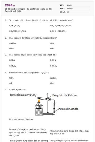 20 Bài tập Đại cương về Hóa học hữu cơ có giải chi tiết (mức độ nhận biết)