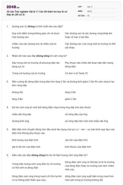 20 câu  Trắc nghiệm Vật lý 11 Các đề kiểm tra học kì có đáp án (đề số 3)