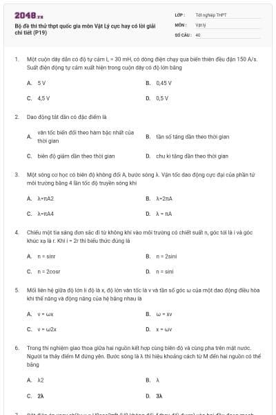 Bộ đề thi thử thpt quốc gia môn Vật Lý cực hay có lời giải chi tiết (P19)