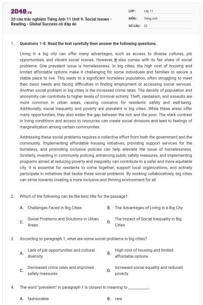 20 câu trắc nghiệm Tiếng Anh 11 Unit 9. Social issues - Reading - Global Success có đáp án