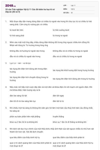 20 câu  Trắc nghiệm Vật lý 11 Các đề kiểm tra học kì có đáp án (đề số 4)