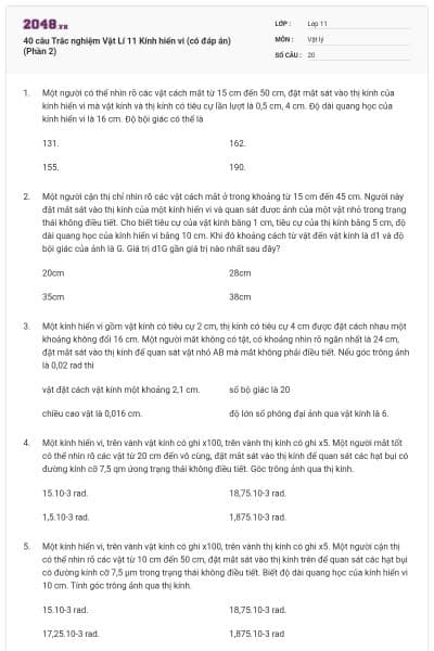 40 câu Trắc nghiệm Vật Lí 11 Kính hiển vi (có đáp án) (Phần 2)