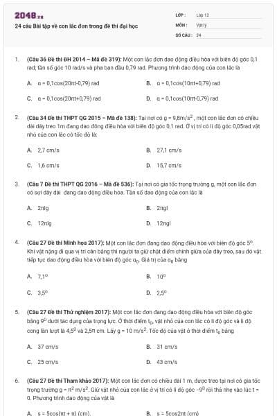 24 câu Bài tập về con lắc đơn trong đề thi đại học