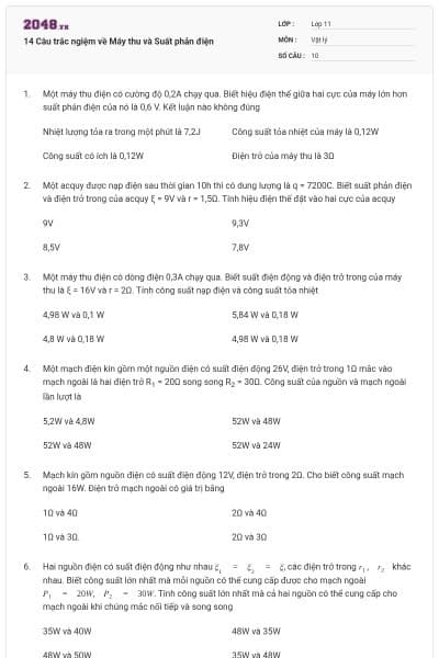 14 Câu trắc ngiệm về Máy thu và Suất phản điện