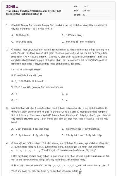 Trắc nghiệm Sinh Học 12 Bài 8 (có đáp án): Quy luật Menđen: Quy luật phân li (phần 2)