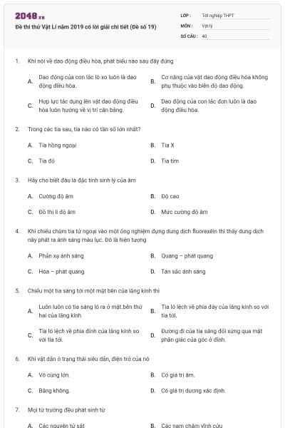 Đề thi thử Vật Lí năm 2019 có lời giải chi tiết (Đề số 19)
