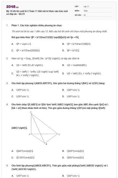 Bộ 10 đề thi cuối kì 2 Toán 11 Kết nối tri thức cấu trúc mới có đáp án - Đề 01