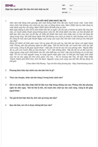 (Ngữ liệu ngoài sgk) Xin hãy nhớ sinh nhật mẹ tôi