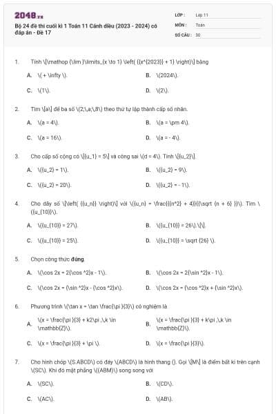 Bộ 24 đề thi cuối kì 1 Toán 11 Cánh diều (2023 - 2024) có đáp án - Đề 17