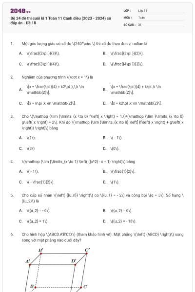 Bộ 24 đề thi cuối kì 1 Toán 11 Cánh diều (2023 - 2024) có đáp án - Đề 18