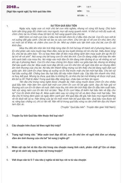 (Ngữ liệu ngoài sgk) Sự tích quả bầu tiên