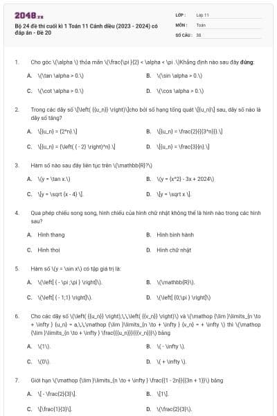 Bộ 24 đề thi cuối kì 1 Toán 11 Cánh diều (2023 - 2024) có đáp án - Đề 20