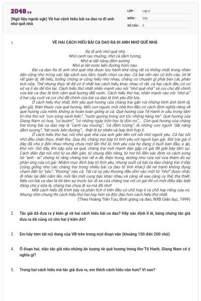 (Ngữ liệu ngoài sgk) Về hai cách hiểu bài ca dao ra đi anh nhớ quê nhà