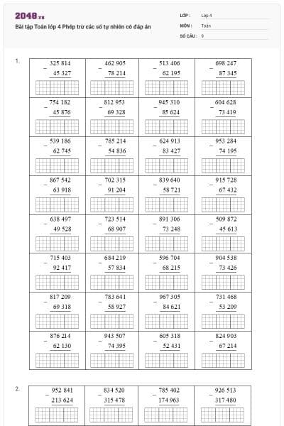 Bài tập Toán lớp 4 Phép trừ các số tự nhiên có đáp án