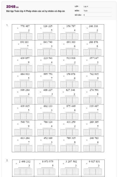 Bài tập Toán lớp 4 Phép nhân các số tự nhiên có đáp án