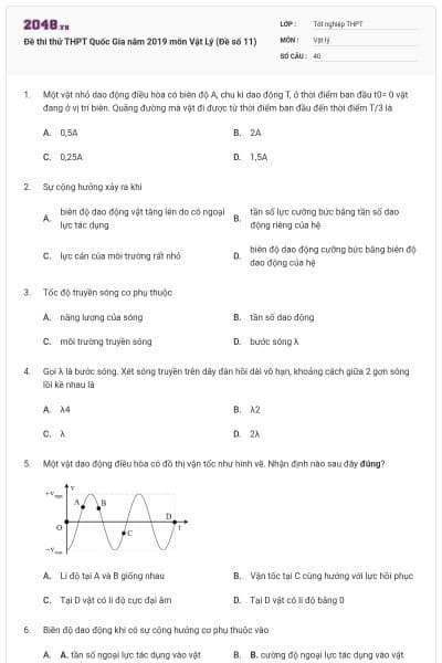 Đề thi thử THPT Quốc Gia năm 2019 môn Vật Lý (Đề số 11)