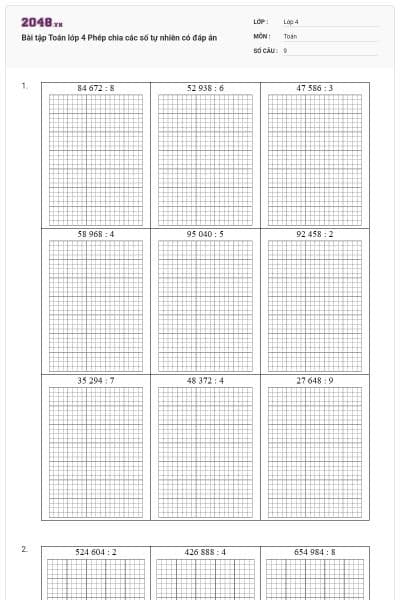 Bài tập Toán lớp 4 Phép chia các số tự nhiên có đáp án