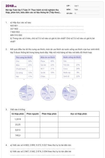 Bài tập Toán lớp 5 Tuần 31 Thực hành và trải nghiệm thu thập, phân tích, biểu diễn các số liệu thống kê (Tiếp theo). Luyện tập chung. Ôn tập số tự nhiên, phân số, số thập phân có đáp án