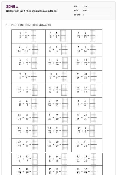 Bài tập Toán lớp 4 Phép cộng phân số có đáp án