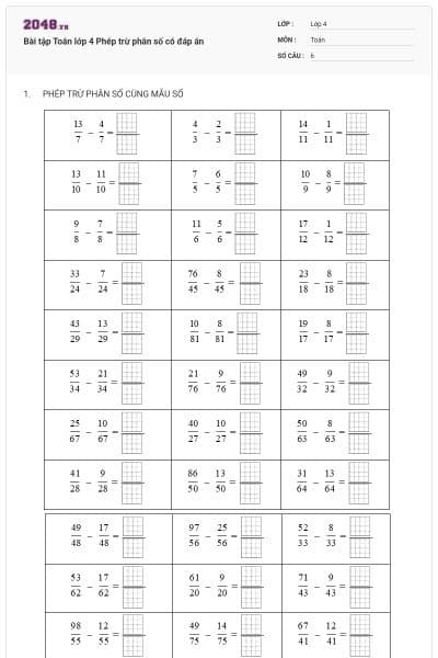 Bài tập Toán lớp 4 Phép trừ phân số có đáp án