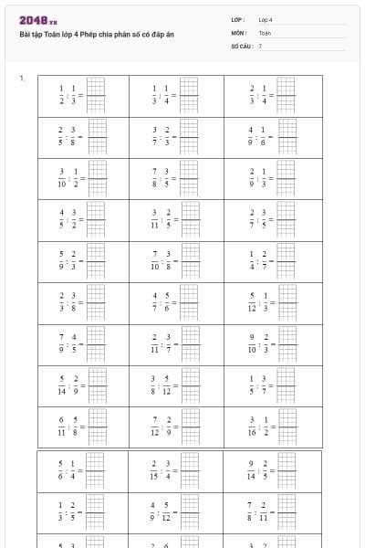 Bài tập Toán lớp 4 Phép chia phân số có đáp án