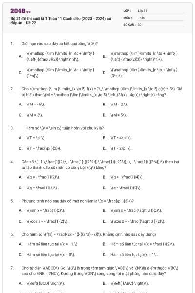 Bộ 24 đề thi cuối kì 1 Toán 11 Cánh diều (2023 - 2024) có đáp án - Đề 22