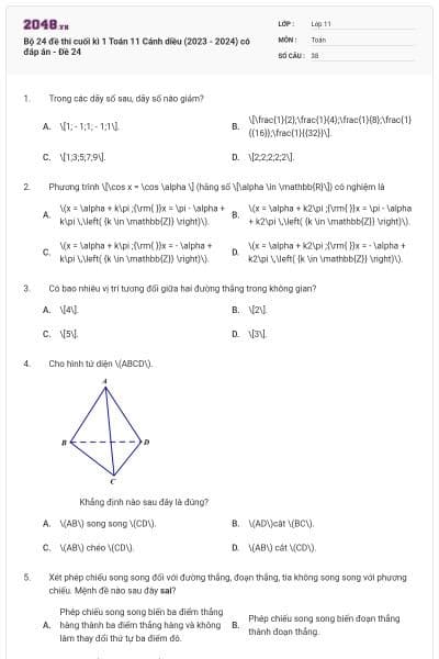 Bộ 24 đề thi cuối kì 1 Toán 11 Cánh diều (2023 - 2024) có đáp án - Đề 24