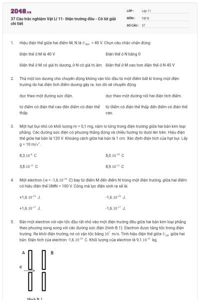 37 Câu trắc nghiệm Vật Lí 11- Điện trường đều - Có lời giải chi tiết