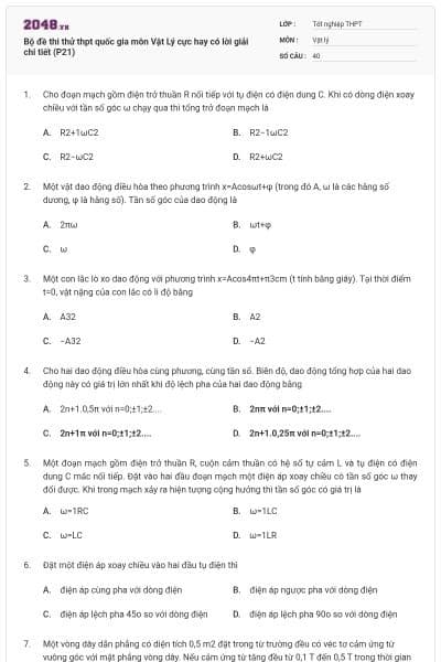 Bộ đề thi thử thpt quốc gia môn Vật Lý cực hay có lời giải chi tiết (P21)