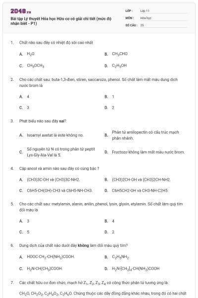 Bài tập Lý thuyết Hóa học Hữu cơ có giải chi tiết (mức độ nhận biết - P1)