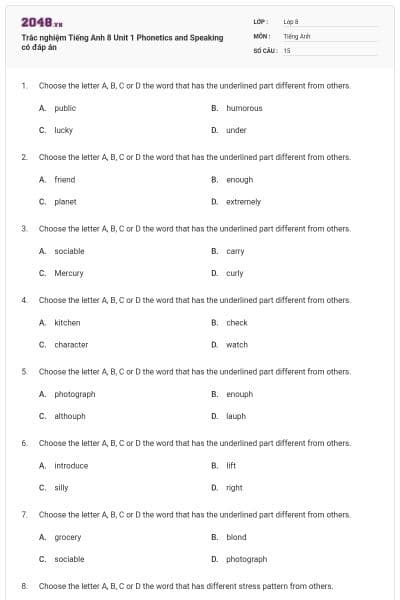 Trắc nghiệm Tiếng Anh 8 Unit 1 Phonetics and Speaking có đáp án