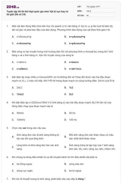 Tuyển tập đề thi thử thpt quốc gia môn Vật lý cực hay có lời giải (Đề số 24)