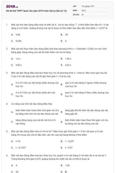 Đề thi thử THPT Quốc Gia năm 2019 môn Vật Lý (Đề số 12)